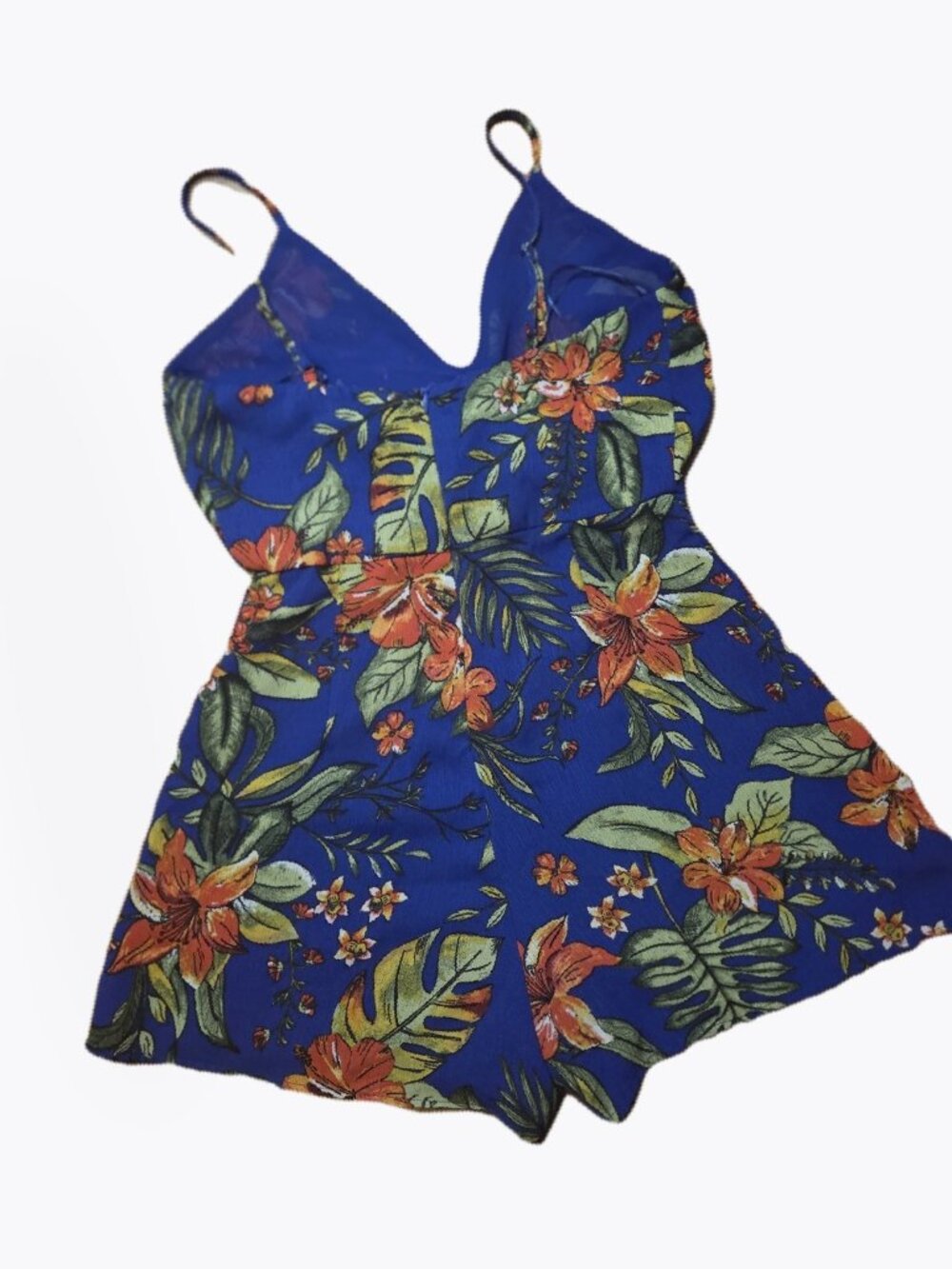 LUSH Blue Tropical Floral Romper Spaghetti Strap Twist Front Women's Size S
